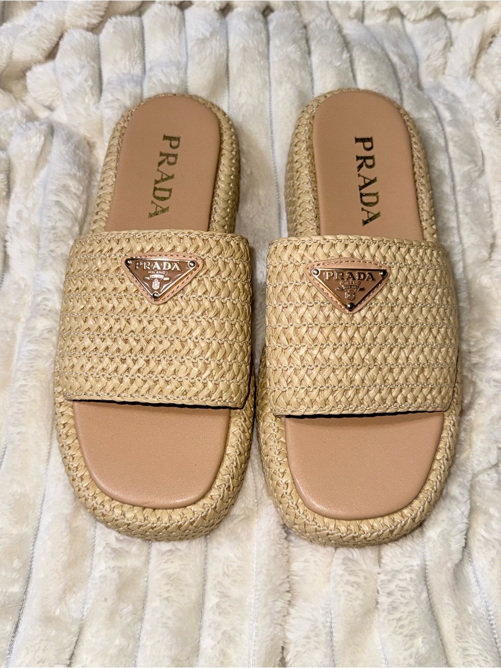 Prada Beige Straw Slide Sandals with Logo Plaque